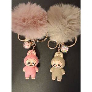 2 Labubu Pink & Light Brown Puff Keychains With Trinket Balls That Move New